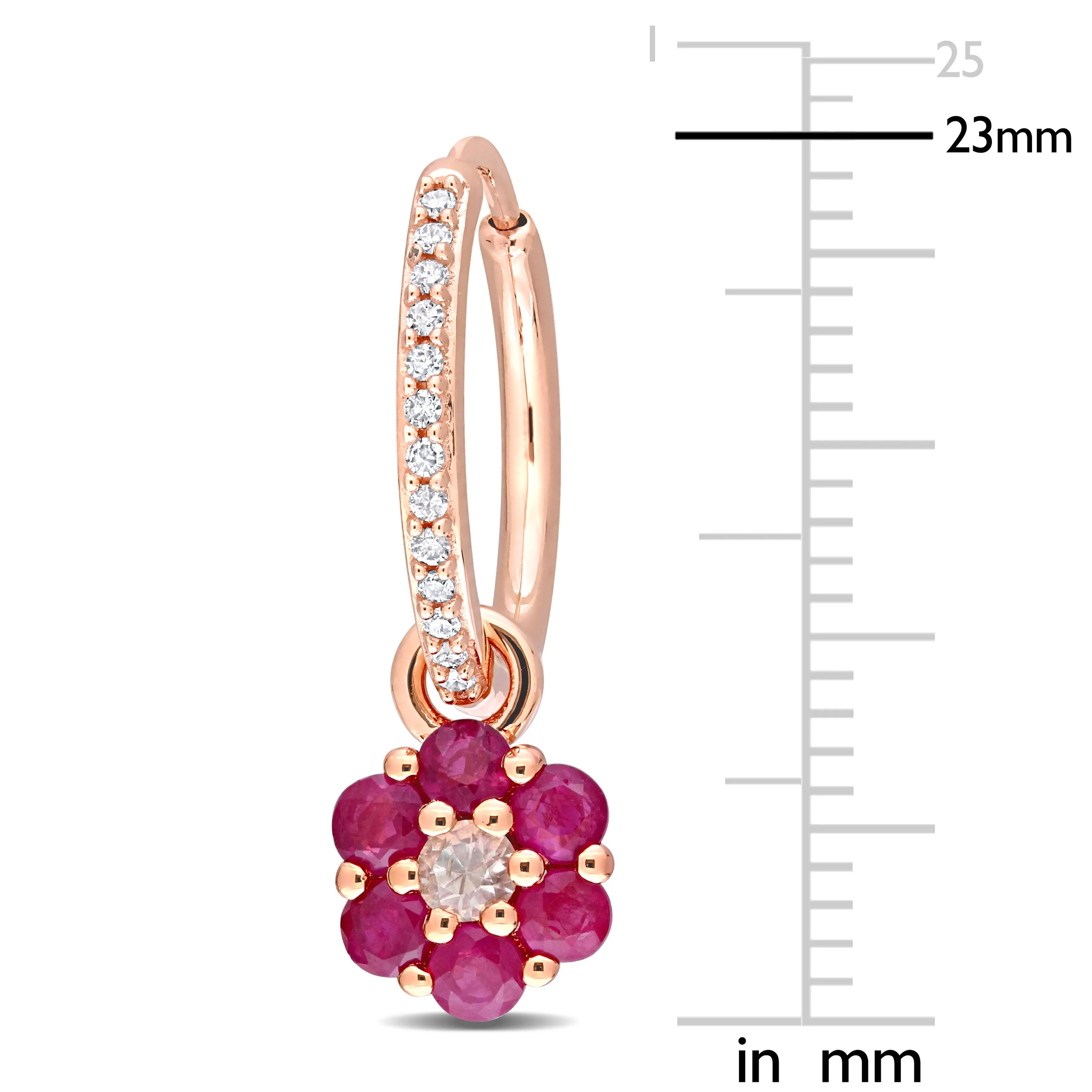 1 1/10 CT TGW White Sapphire Ruby and 1/8 CT TW Diamond Floral Hoop Earrings in 10k Rose Gold