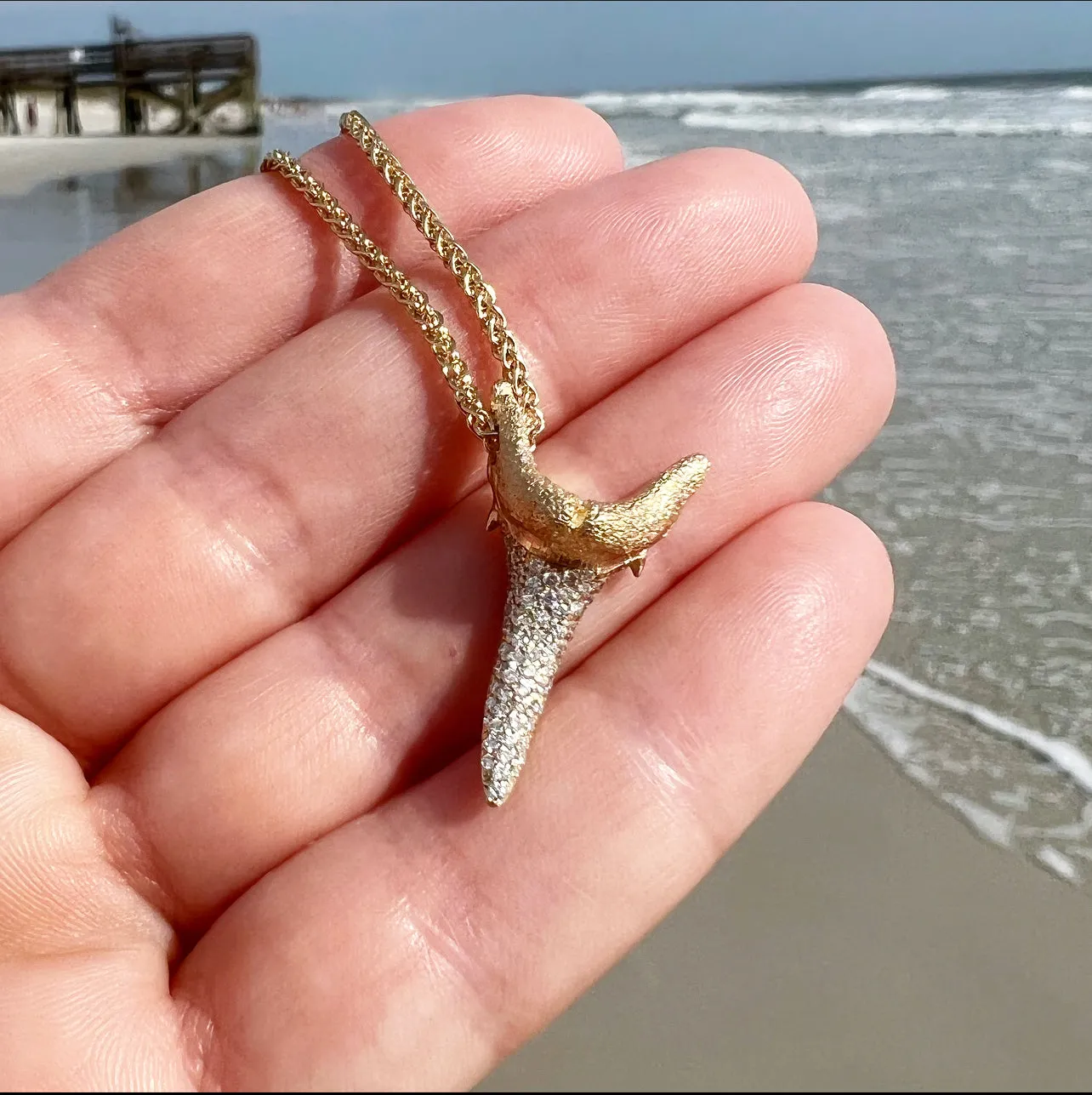 1282 - Solid Gold and Diamond Shark Tooth Necklace