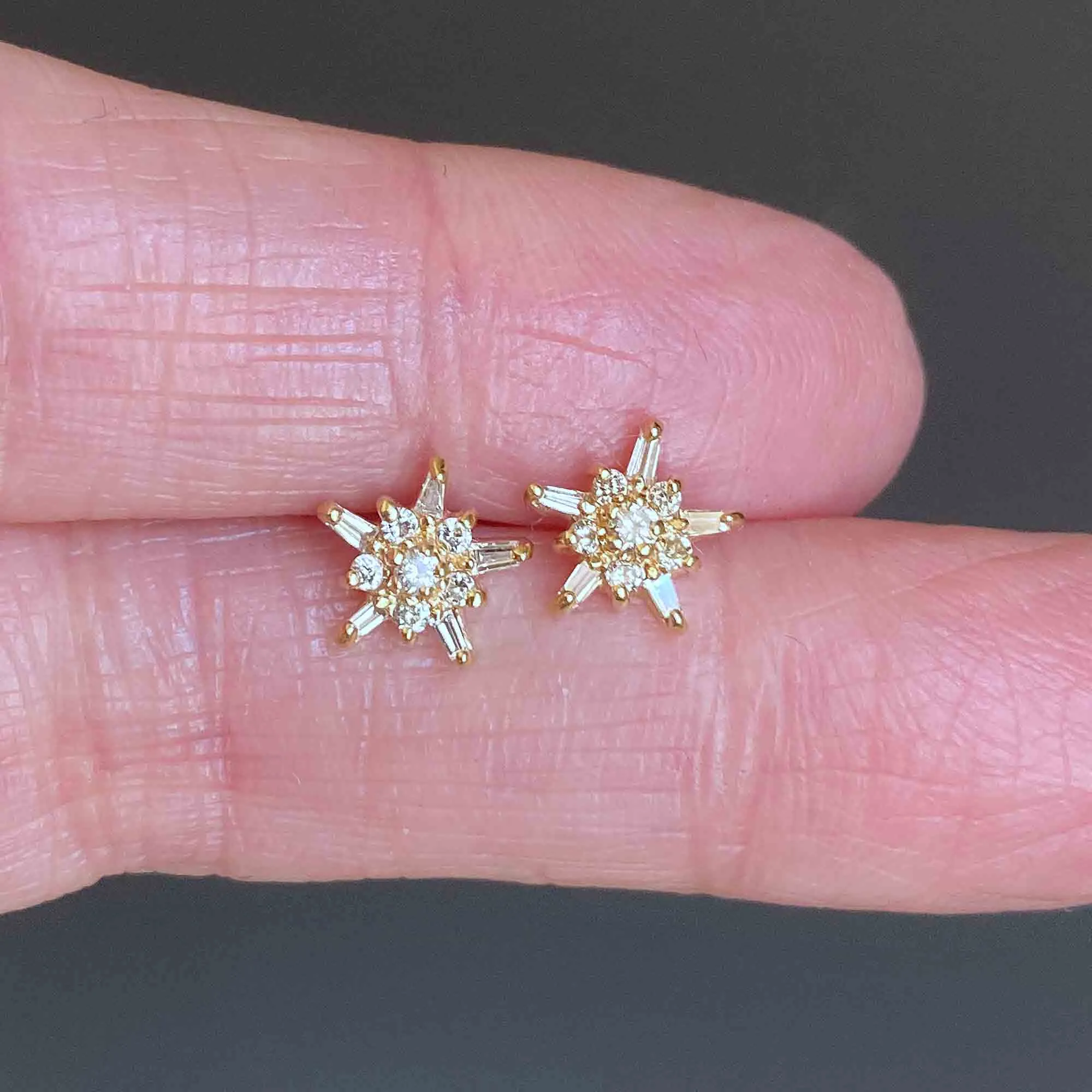 14K Gold Star Shape Baguette Diamond Stud Earrings