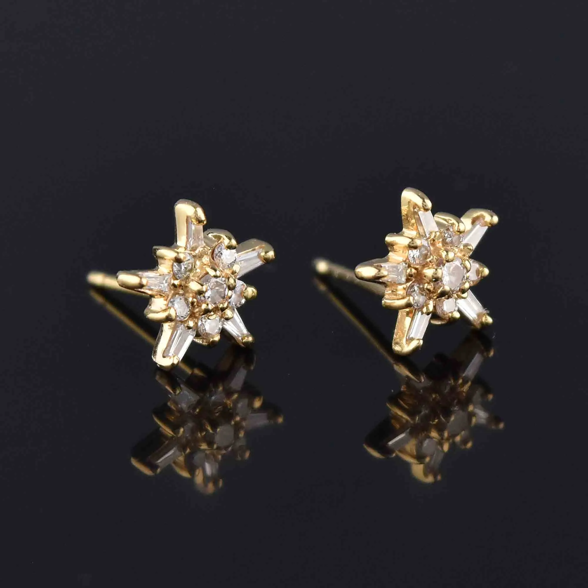 14K Gold Star Shape Baguette Diamond Stud Earrings