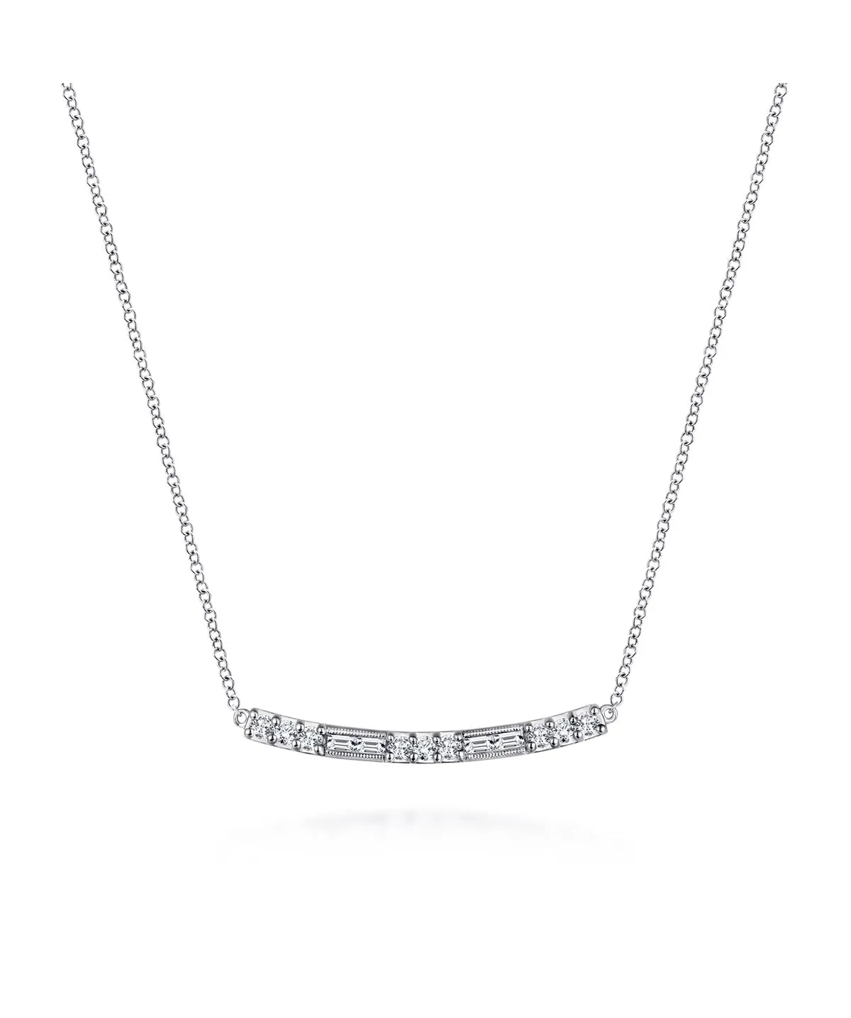 14K White Gold Round and Baguette Diamond Curved Bar Necklace