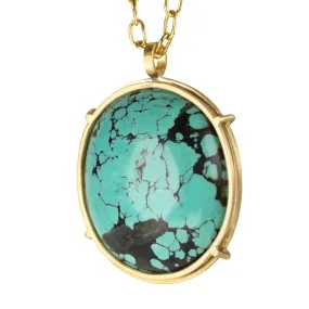 18K Gold Cage-Set Oval Turquoise Pendant