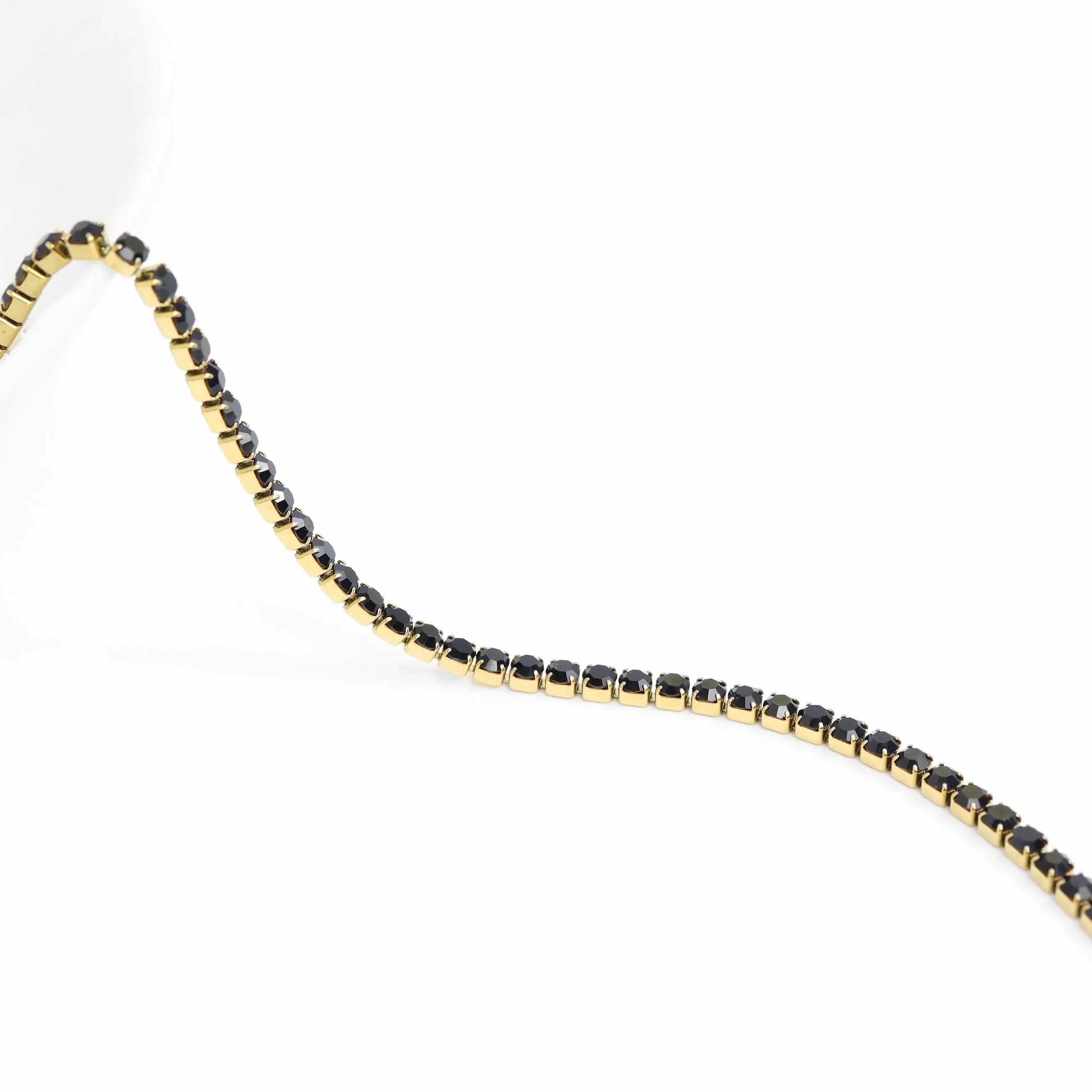 18k Gold PVD Coated Stainless Steel Jet Rhinestone Tennis Chain Necklace With 2" Extension / TNN0004