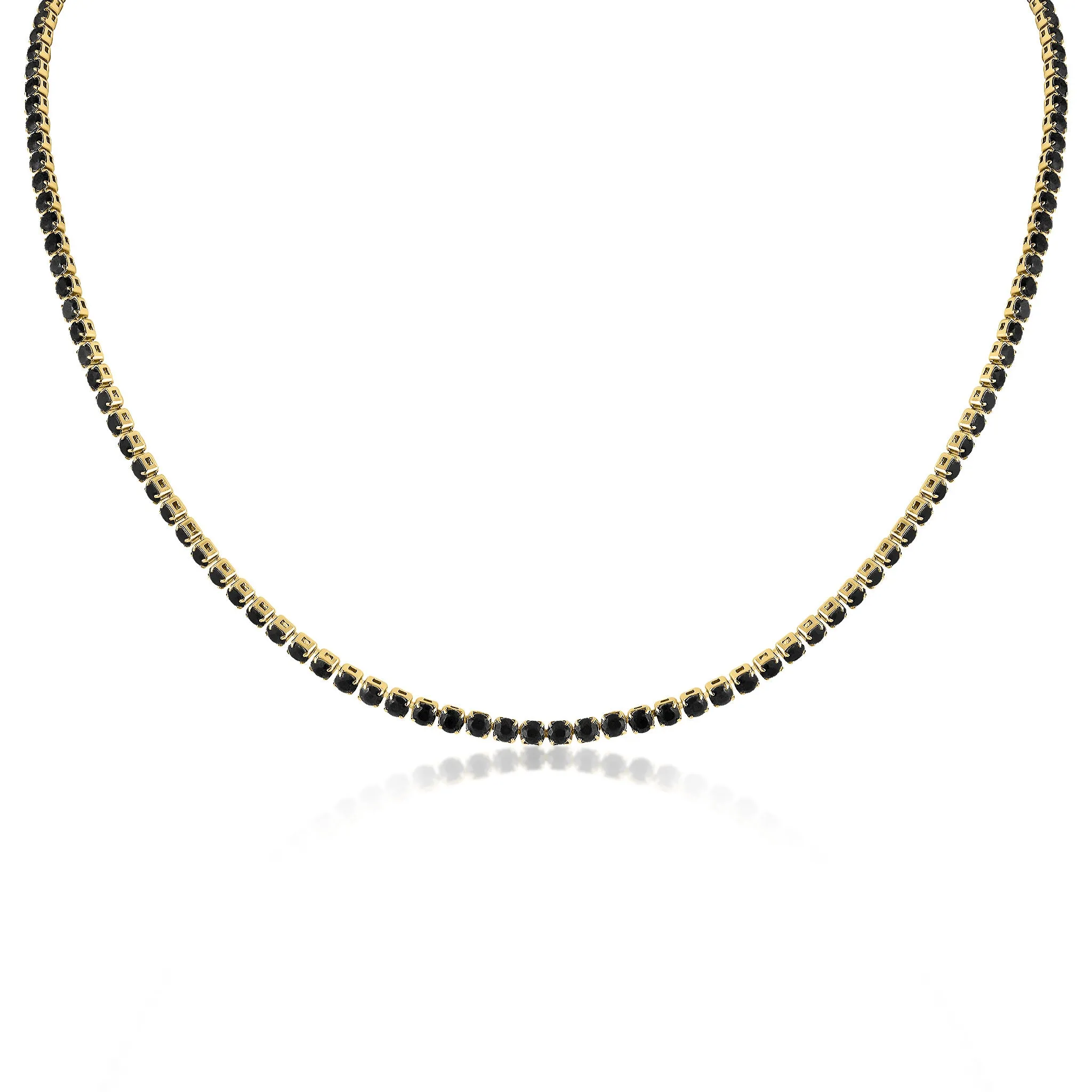 18k Gold PVD Coated Stainless Steel Jet Rhinestone Tennis Chain Necklace With 2" Extension / TNN0004