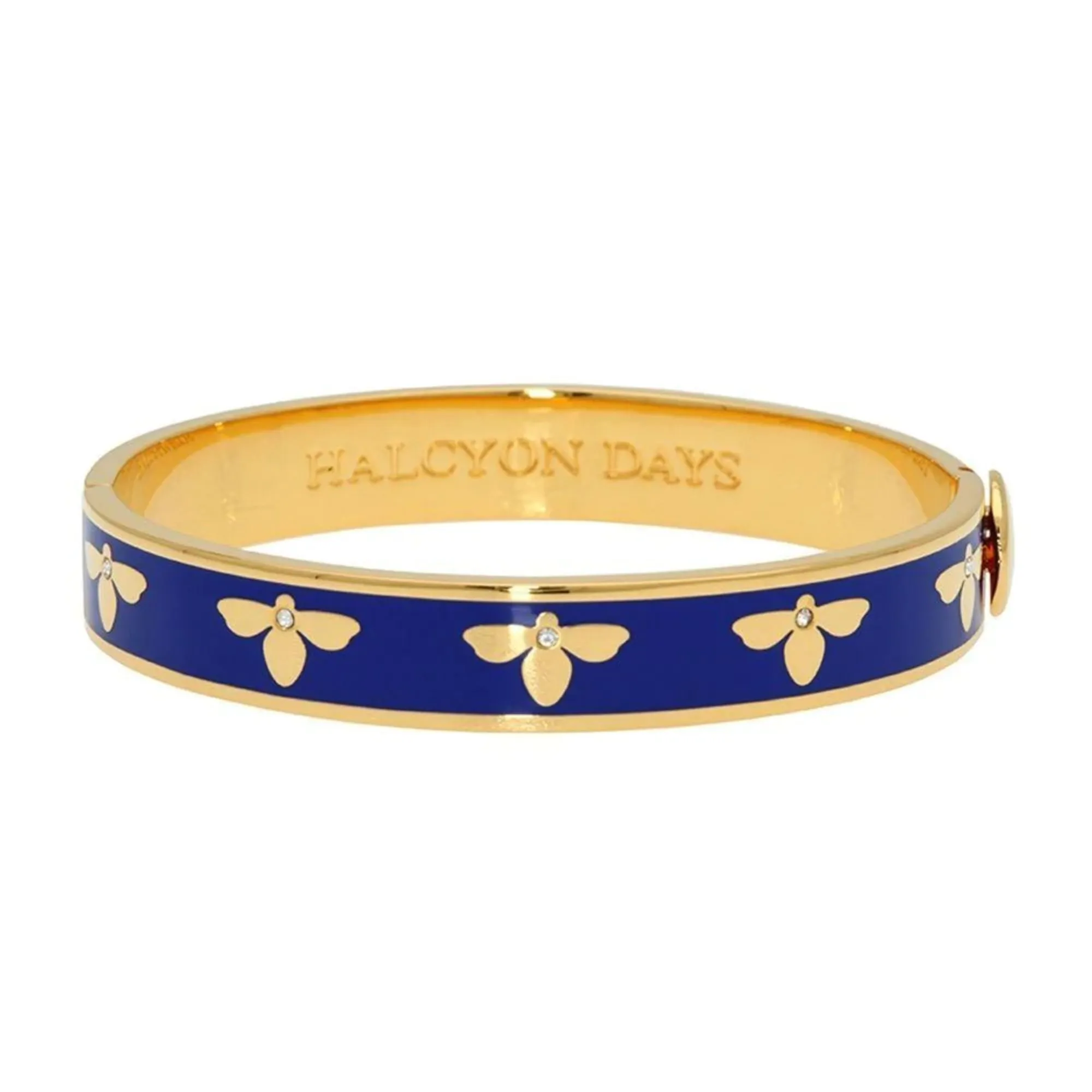 18K YELLOW GOLD PLATED 10MM BEE DEEP COBALT ENAMEL BANGLE BRACELET