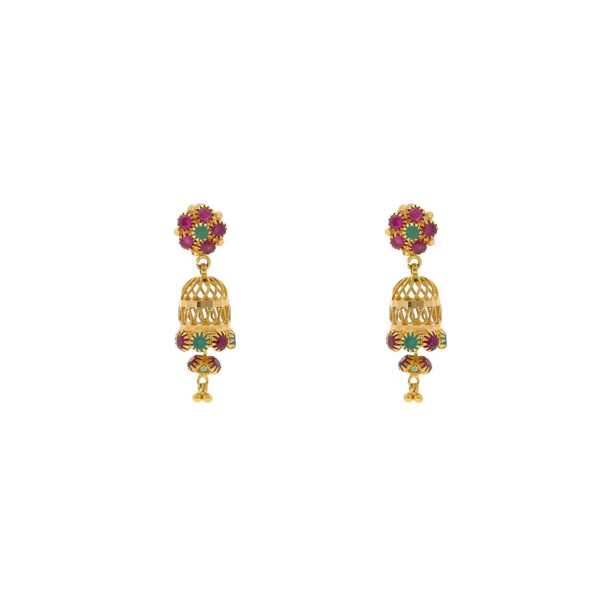 22K Yellow Gold Exotic Jhumka Drop Earrings W/ Emeralds & Rubies, 5.6 grams