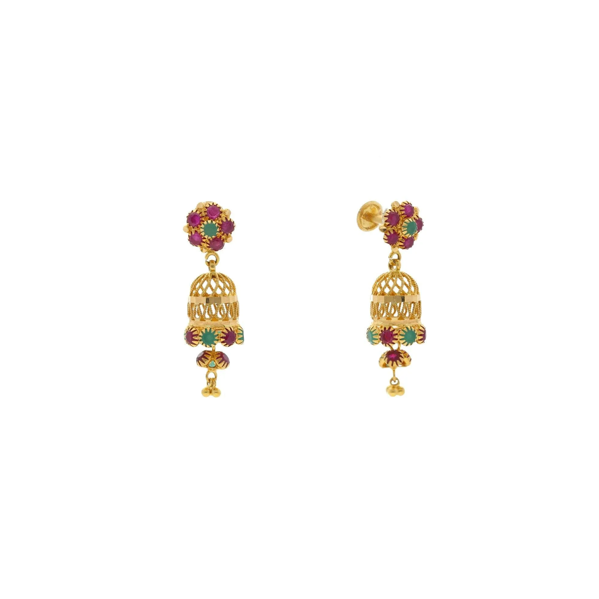 22K Yellow Gold Exotic Jhumka Drop Earrings W/ Emeralds & Rubies, 5.6 grams