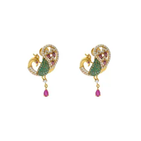 22K Yellow Gold Mango Shaped Earrings Finished W/ Emerald , Rubies & Cubic Zirconia , 10.9 grams