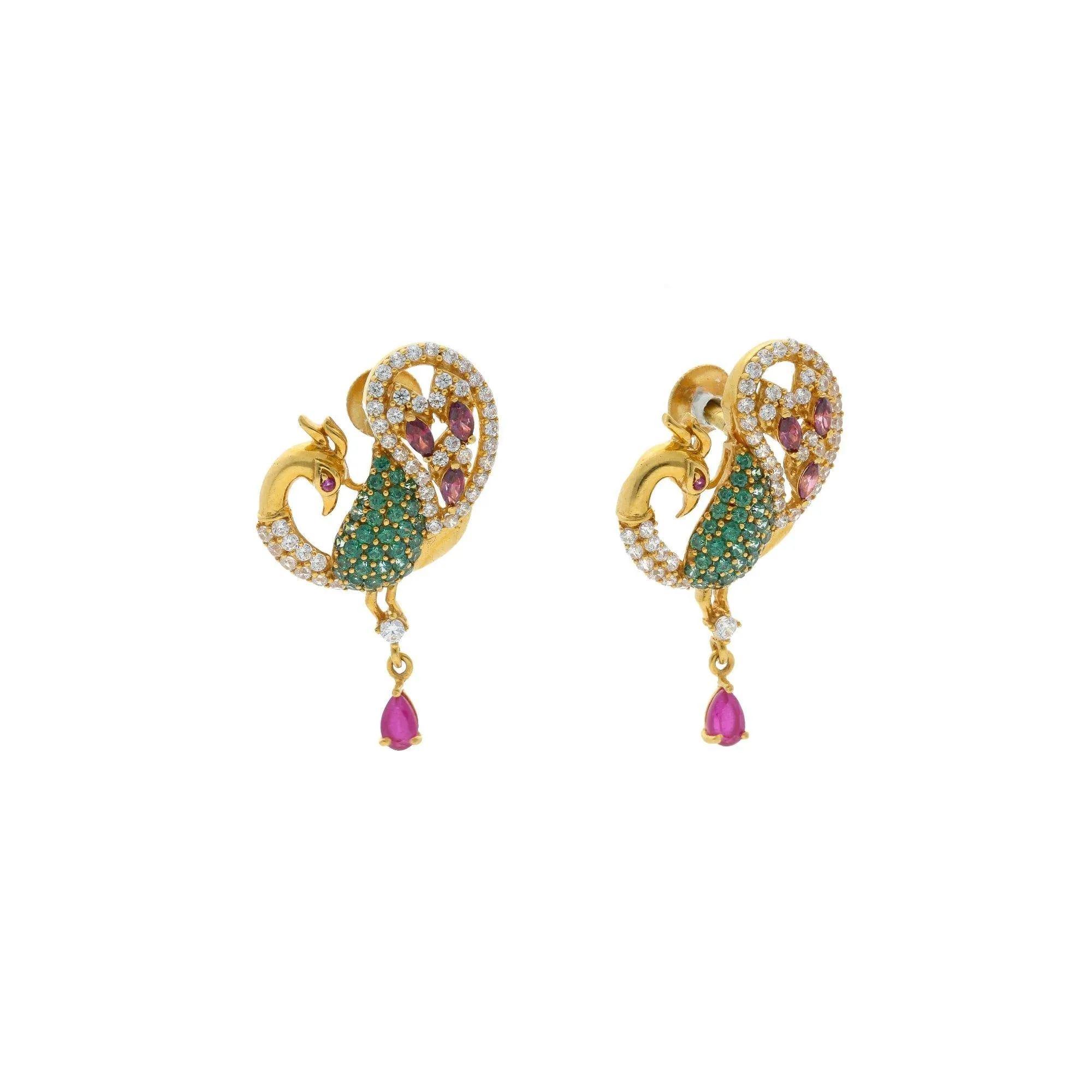 22K Yellow Gold Mango Shaped Earrings Finished W/ Emerald , Rubies & Cubic Zirconia , 10.9 grams