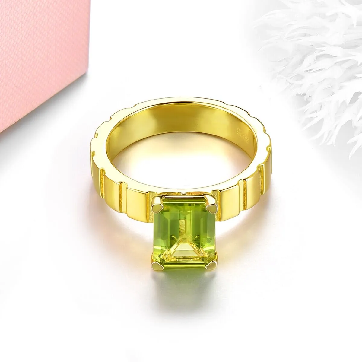 2.5 Carats Genuine Peridot Yellow Gold 925 Sterling Silver Ring