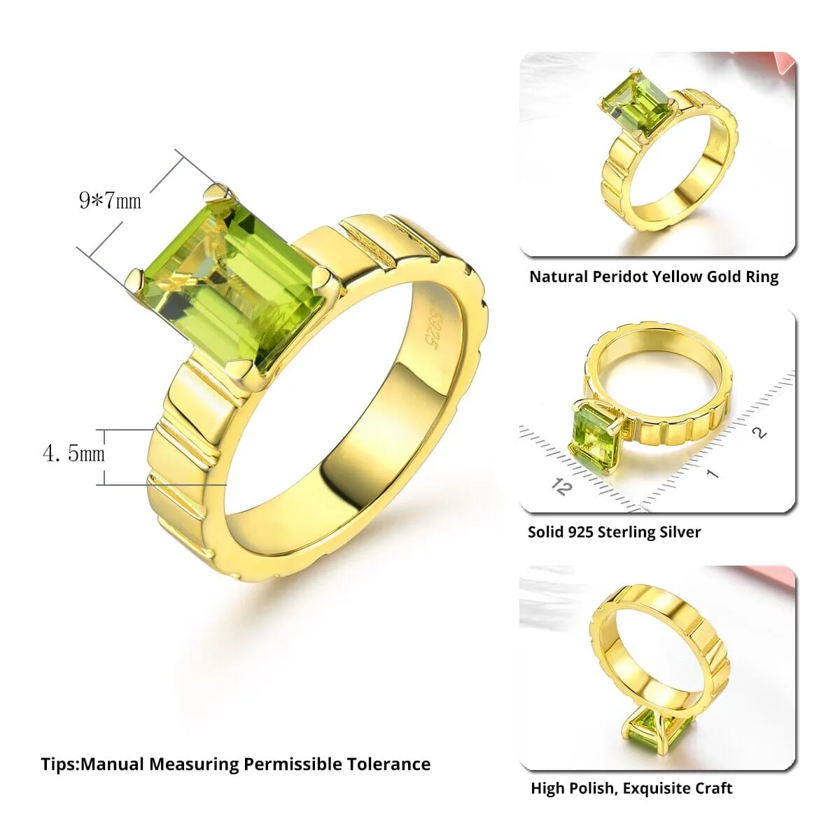 2.5 Carats Genuine Peridot Yellow Gold 925 Sterling Silver Ring