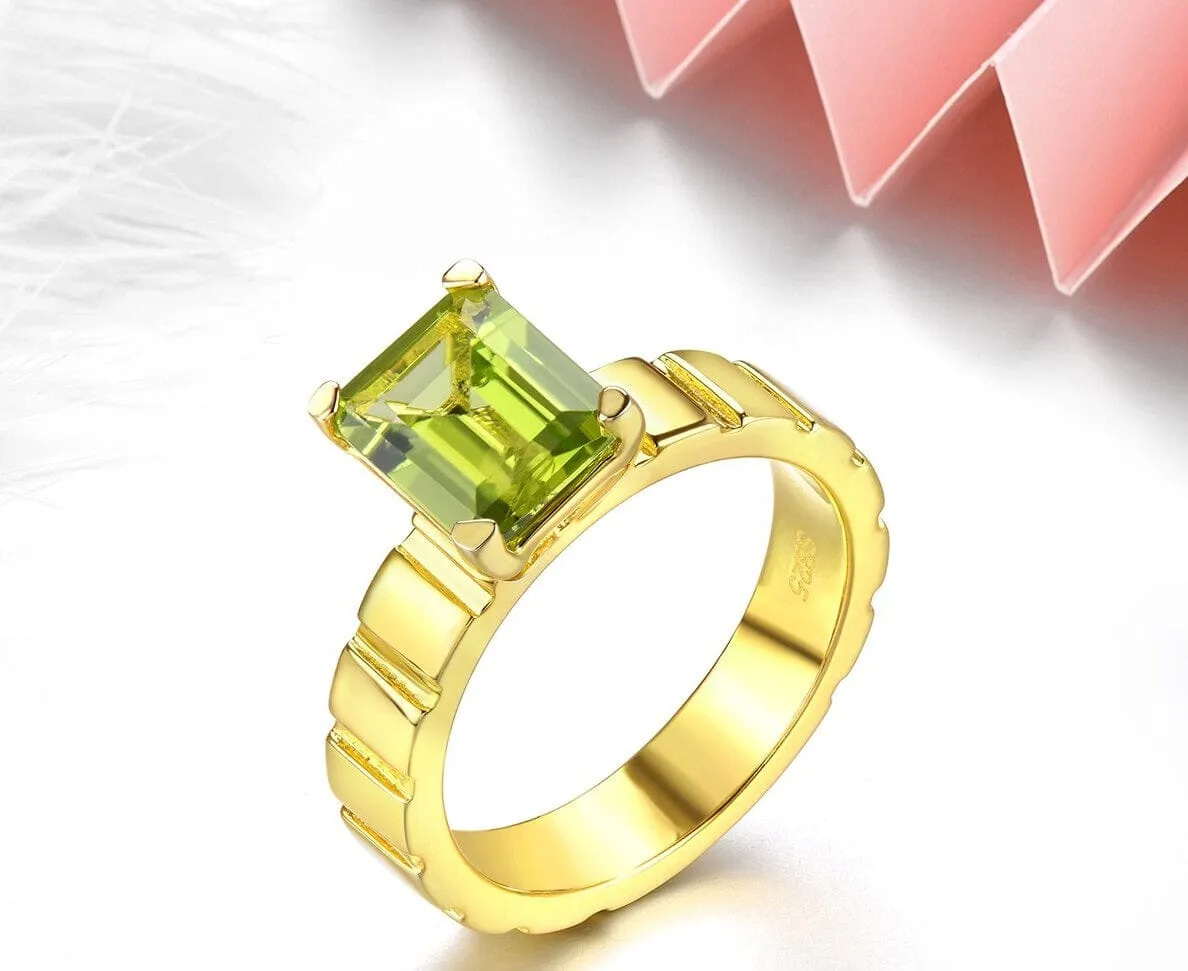 2.5 Carats Genuine Peridot Yellow Gold 925 Sterling Silver Ring