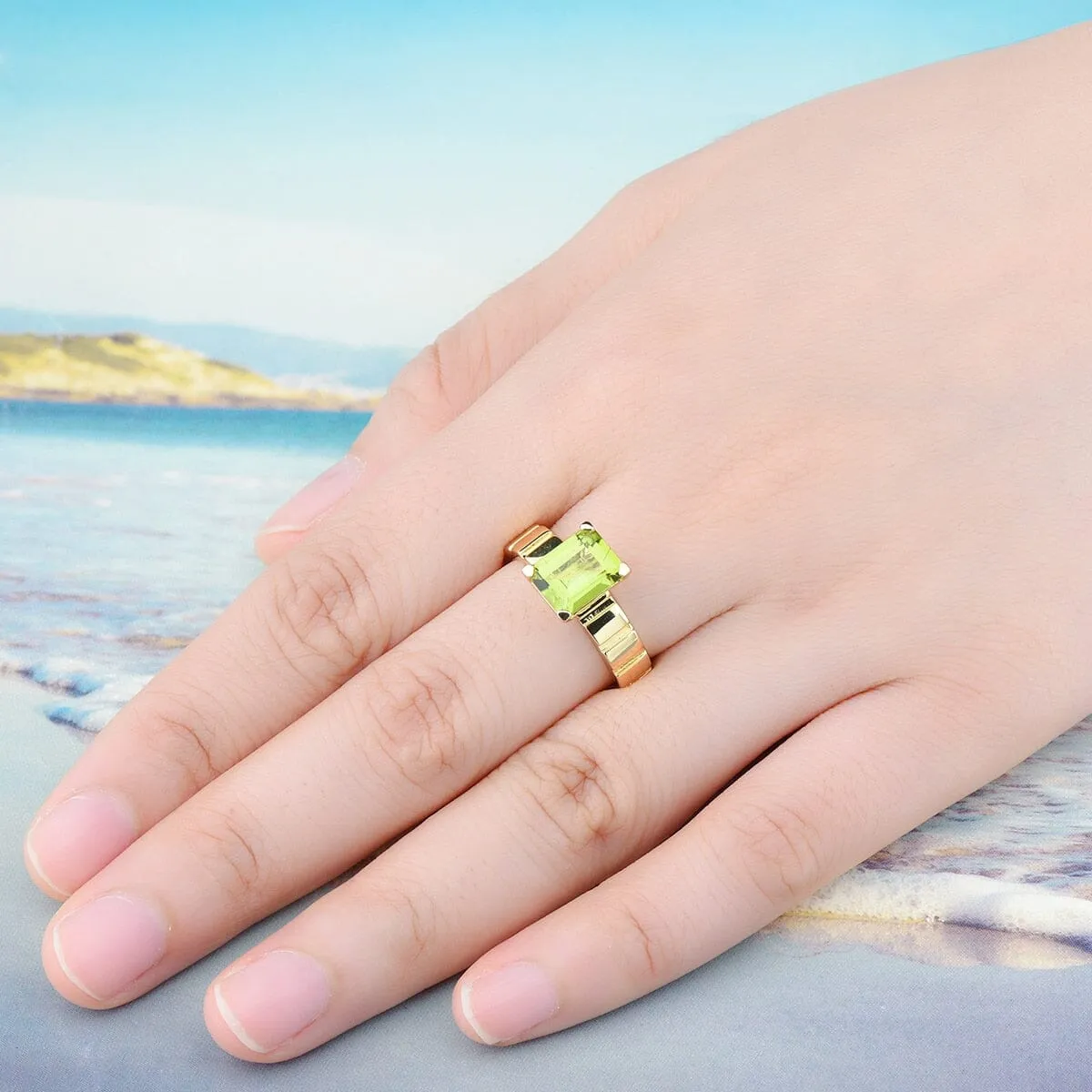 2.5 Carats Genuine Peridot Yellow Gold 925 Sterling Silver Ring