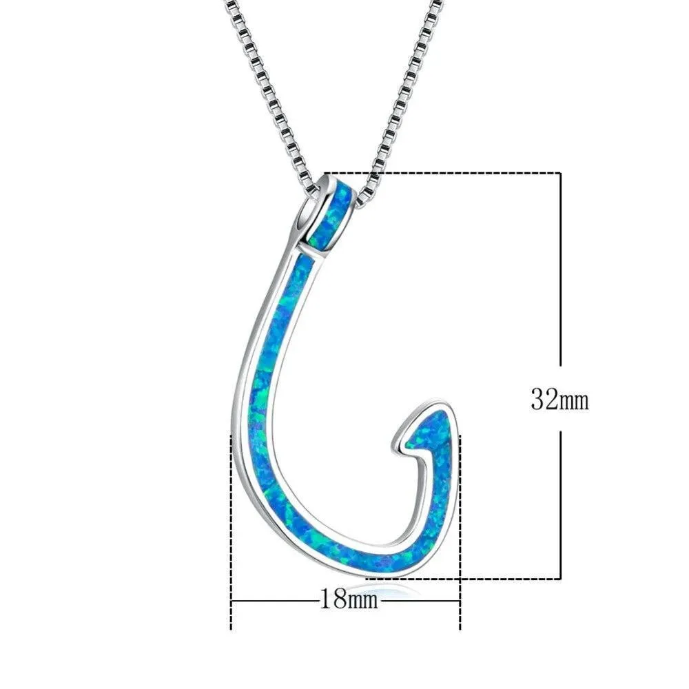 925 Sterling Silver Blue Opal Fish Hook Pendant Necklace