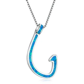 925 Sterling Silver Blue Opal Fish Hook Pendant Necklace