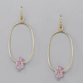 Acetate Flower Charm Oval Hoop Dangle Earrings