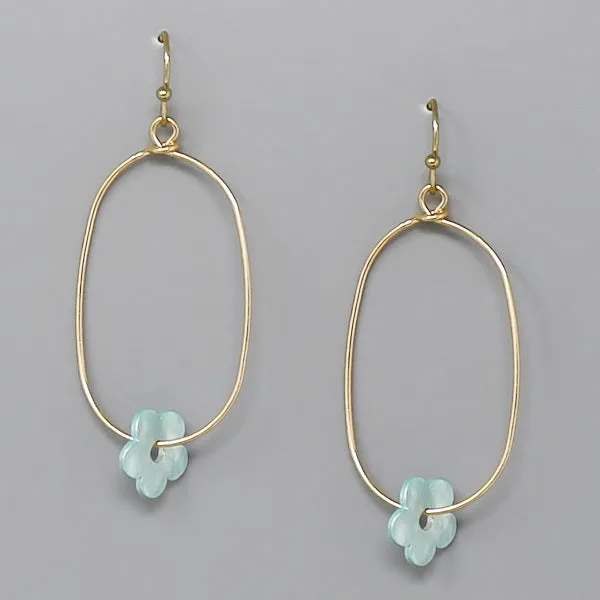 Acetate Flower Charm Oval Hoop Dangle Earrings