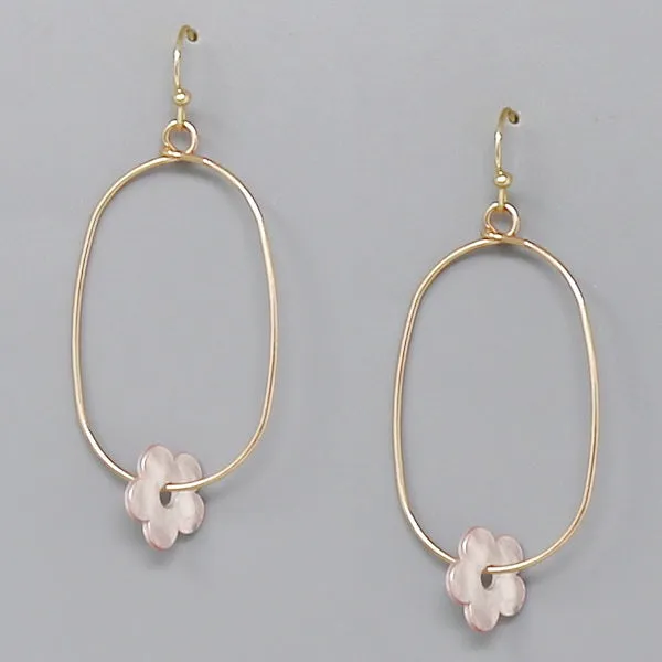 Acetate Flower Charm Oval Hoop Dangle Earrings