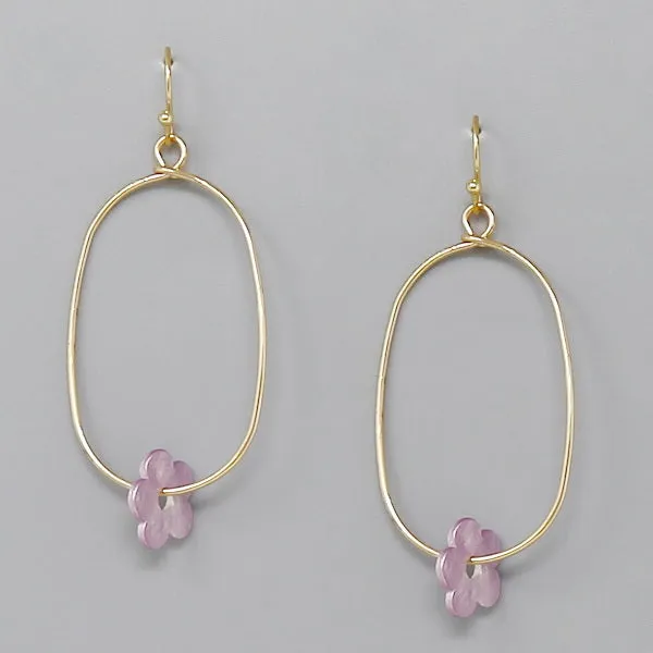 Acetate Flower Charm Oval Hoop Dangle Earrings