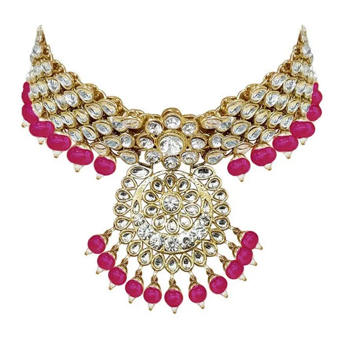 Alloy Necklace with Earrings and Maang Tikka in Pink