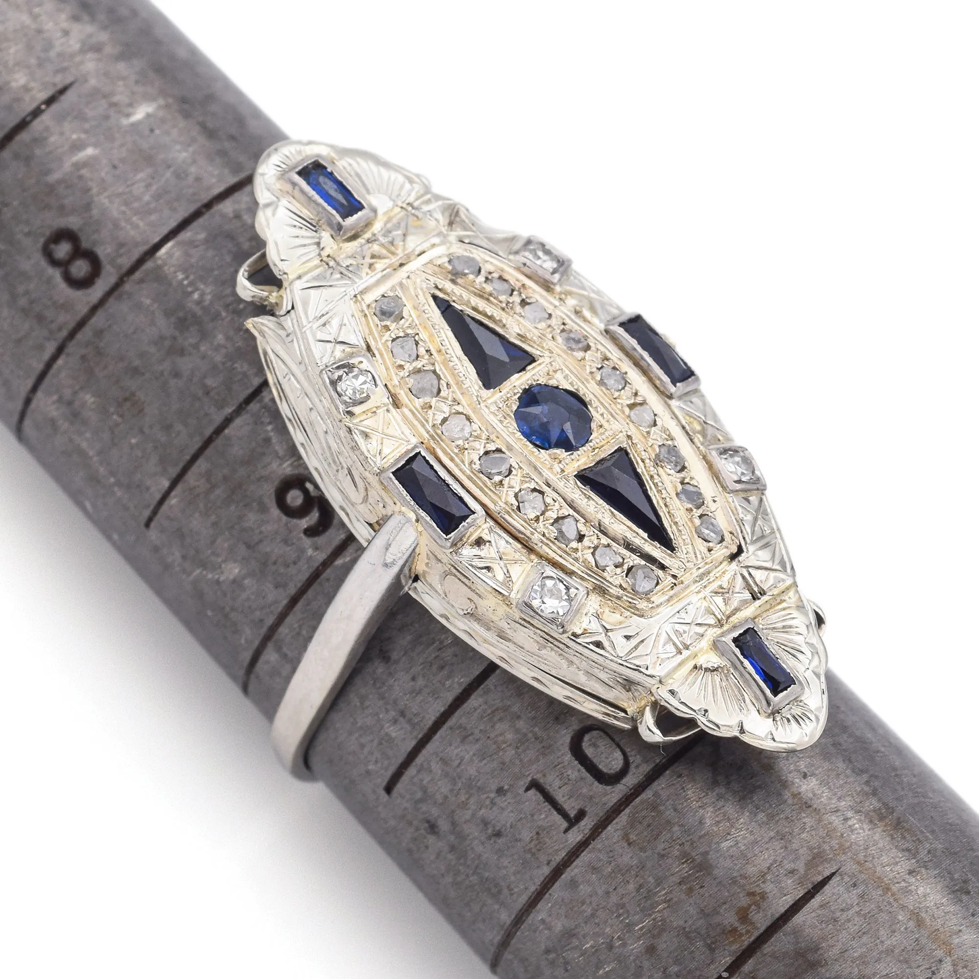 Antique Art Deco Platinum & 18K Gold Diamond & Lab Sapphire Watch Case Ring Size 9.5