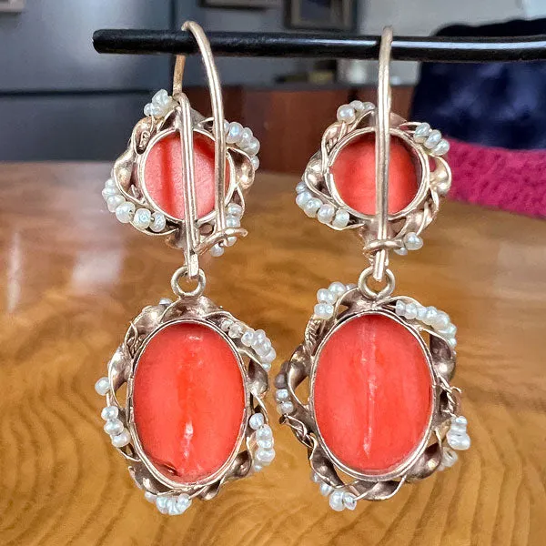 Antique Coral Cameo Drop Earrings