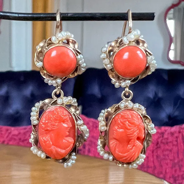 Antique Coral Cameo Drop Earrings