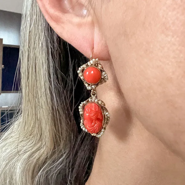 Antique Coral Cameo Drop Earrings