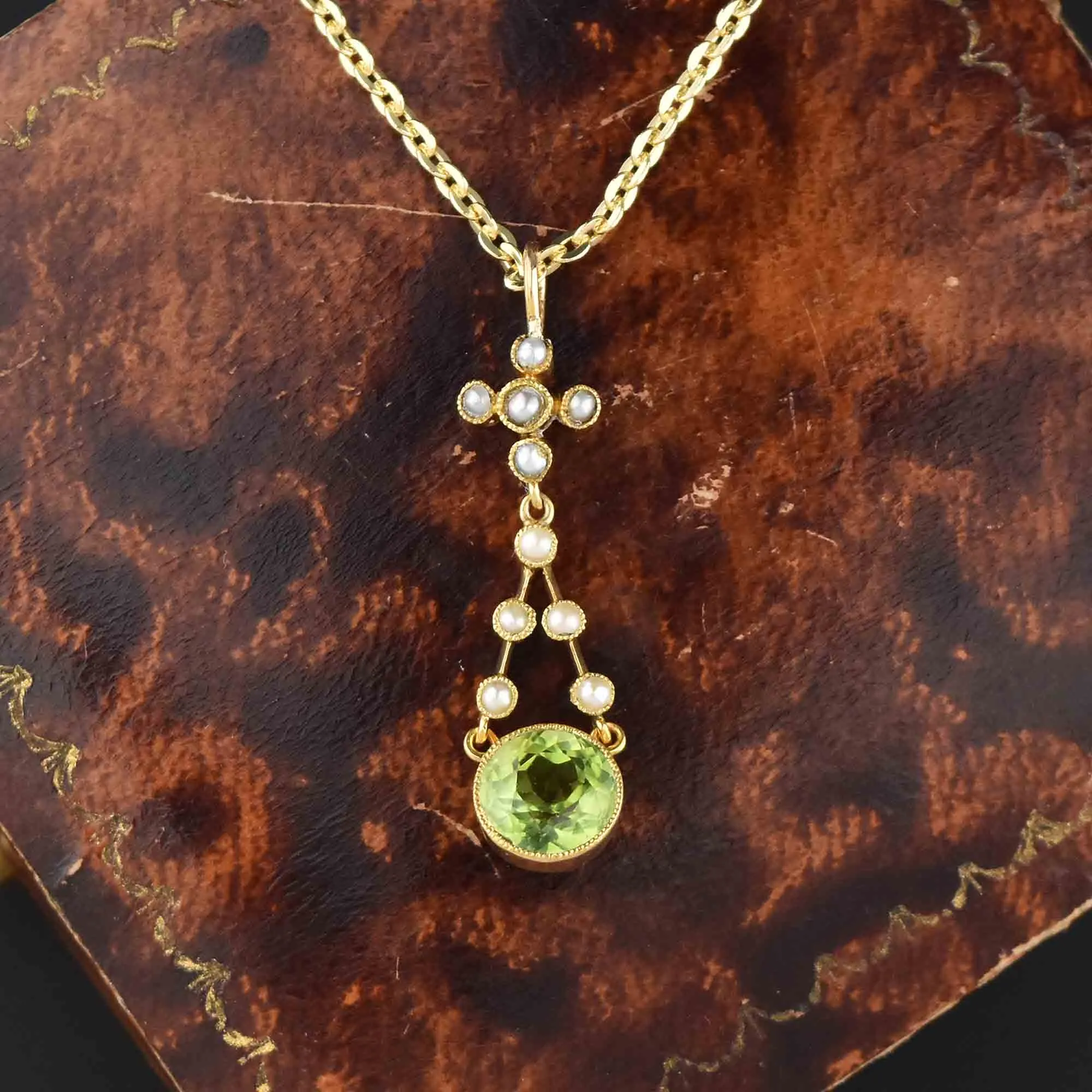 Antique Victorian 15K Gold Seed Pearl Peridot Pendant