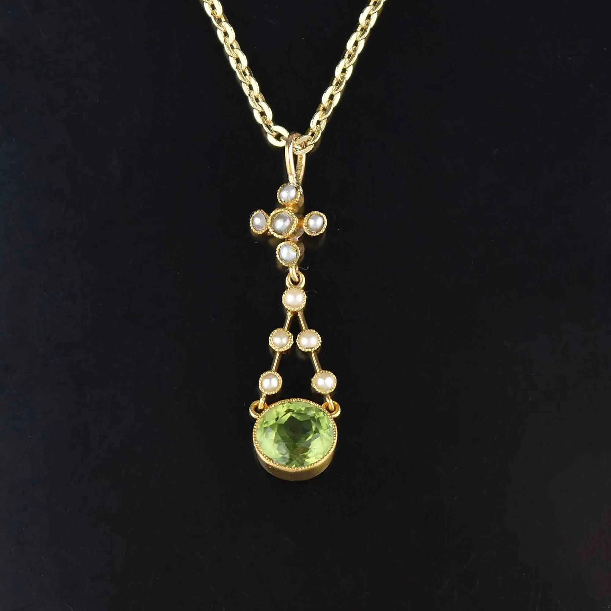 Antique Victorian 15K Gold Seed Pearl Peridot Pendant