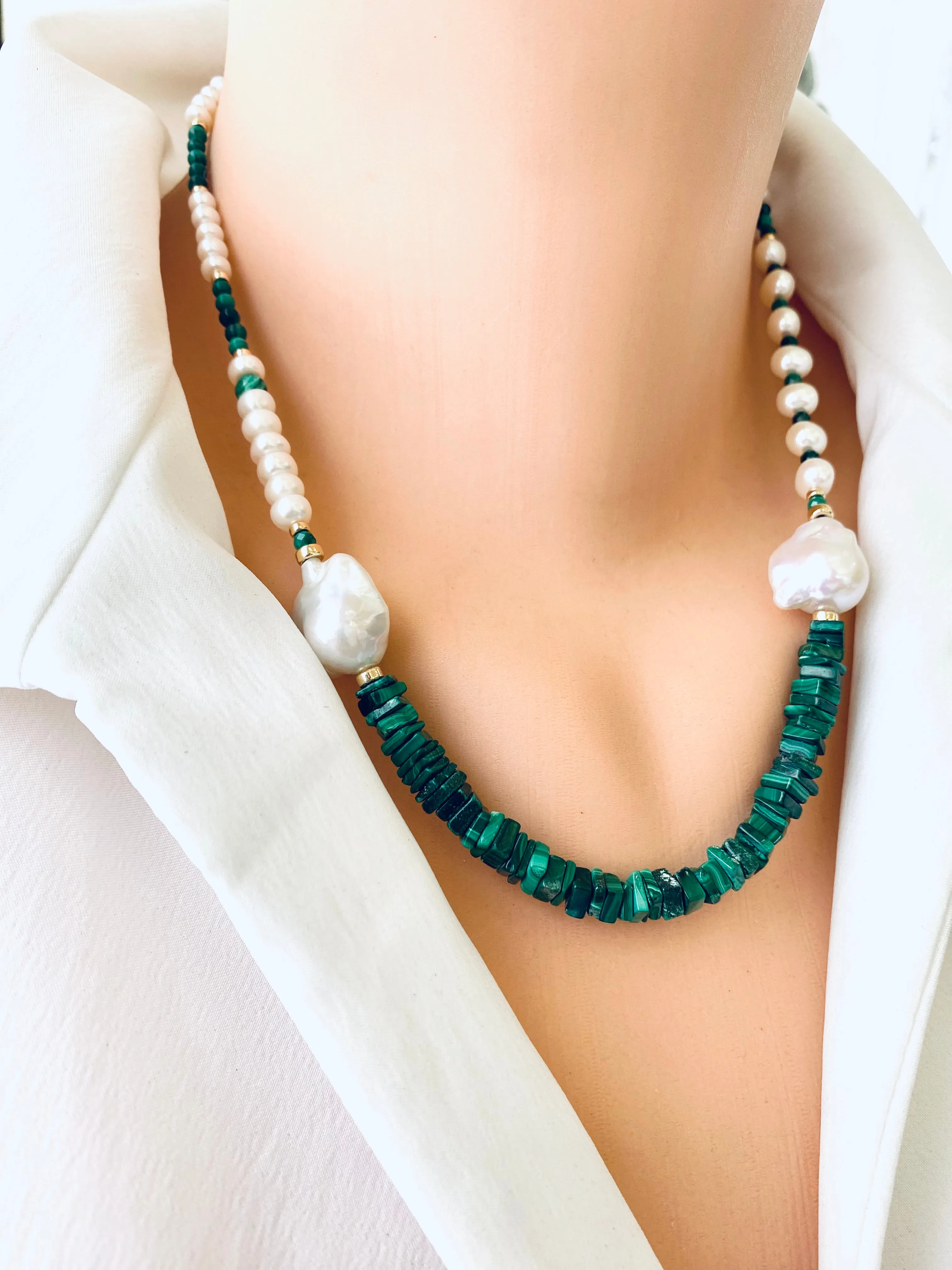 Asymmetric Malachite & Freshwater Baroque Pearl Necklace, Gold Filled, 19inch