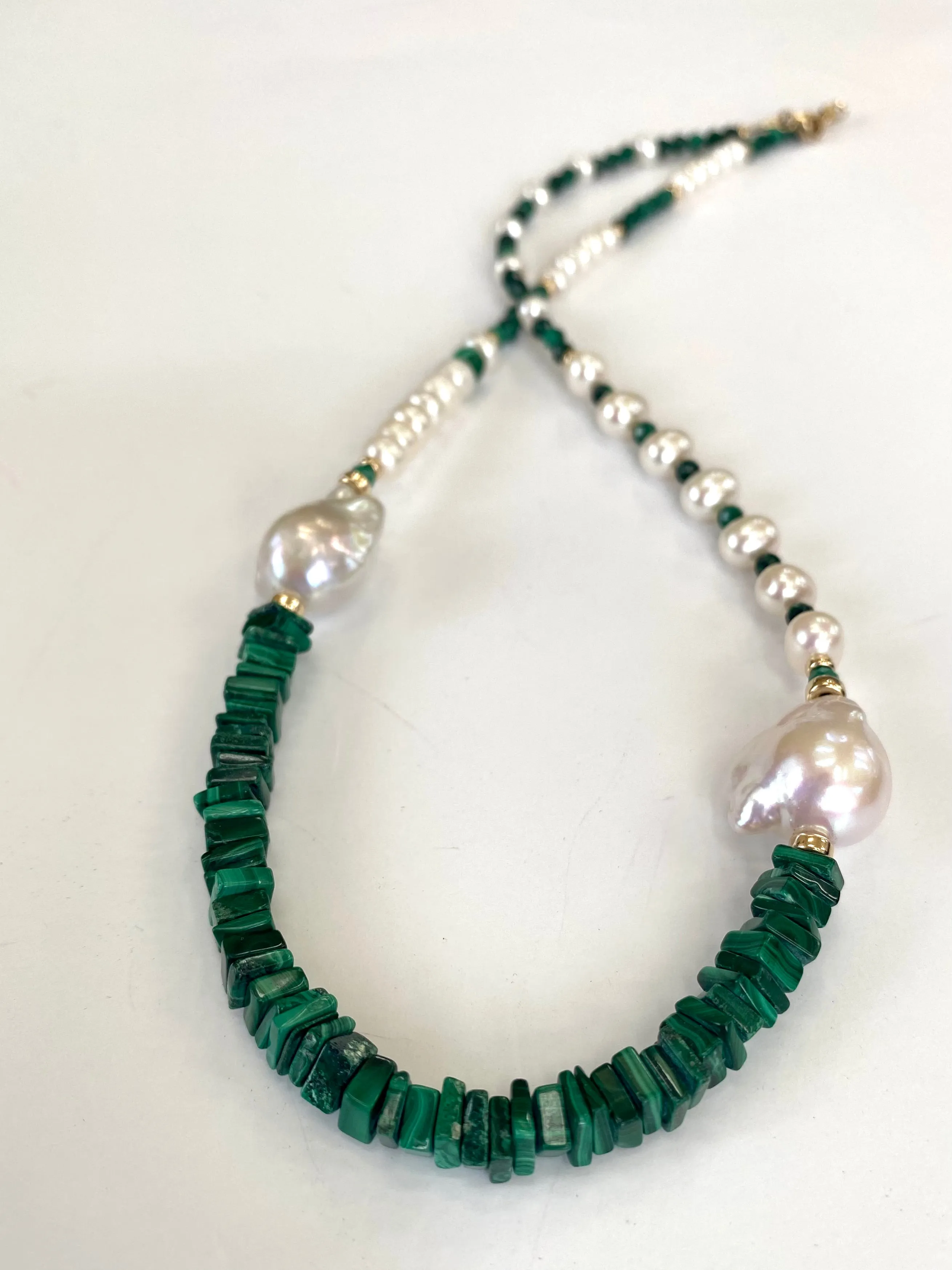 Asymmetric Malachite & Freshwater Baroque Pearl Necklace, Gold Filled, 19inch