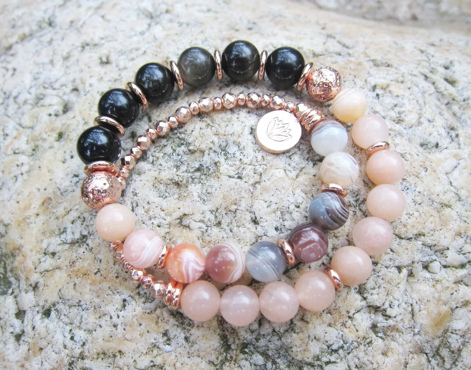 Black Gold Obsidian, Pink Lace Agate, Rose Gold Lotus Charm in 27 Bead Mala Bracelet