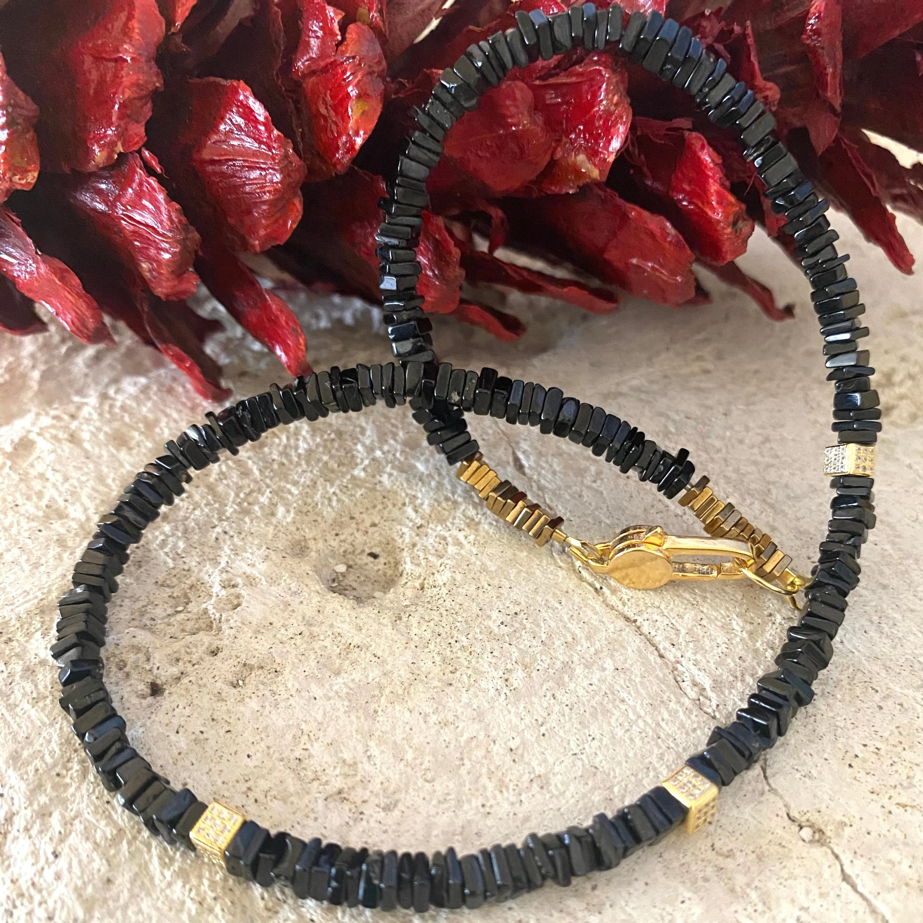 Black Spinel Beads Choker Necklace with Gold Vermeil Details and Clasp, 15inches