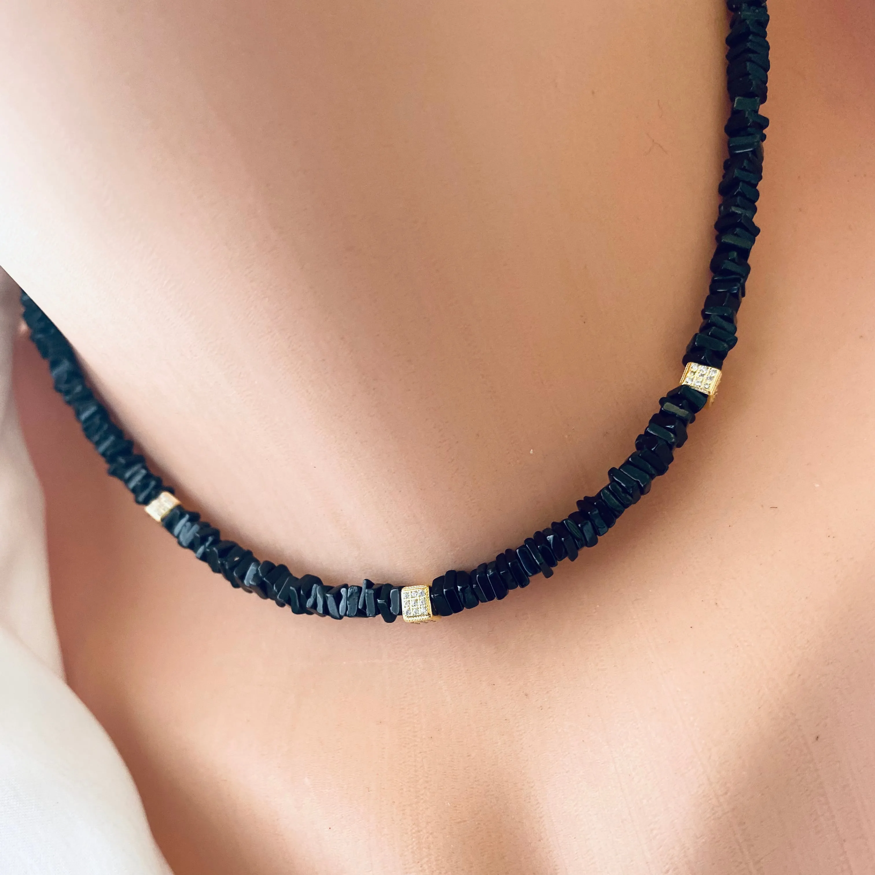 Black Spinel Beads Choker Necklace with Gold Vermeil Details and Clasp, 15inches