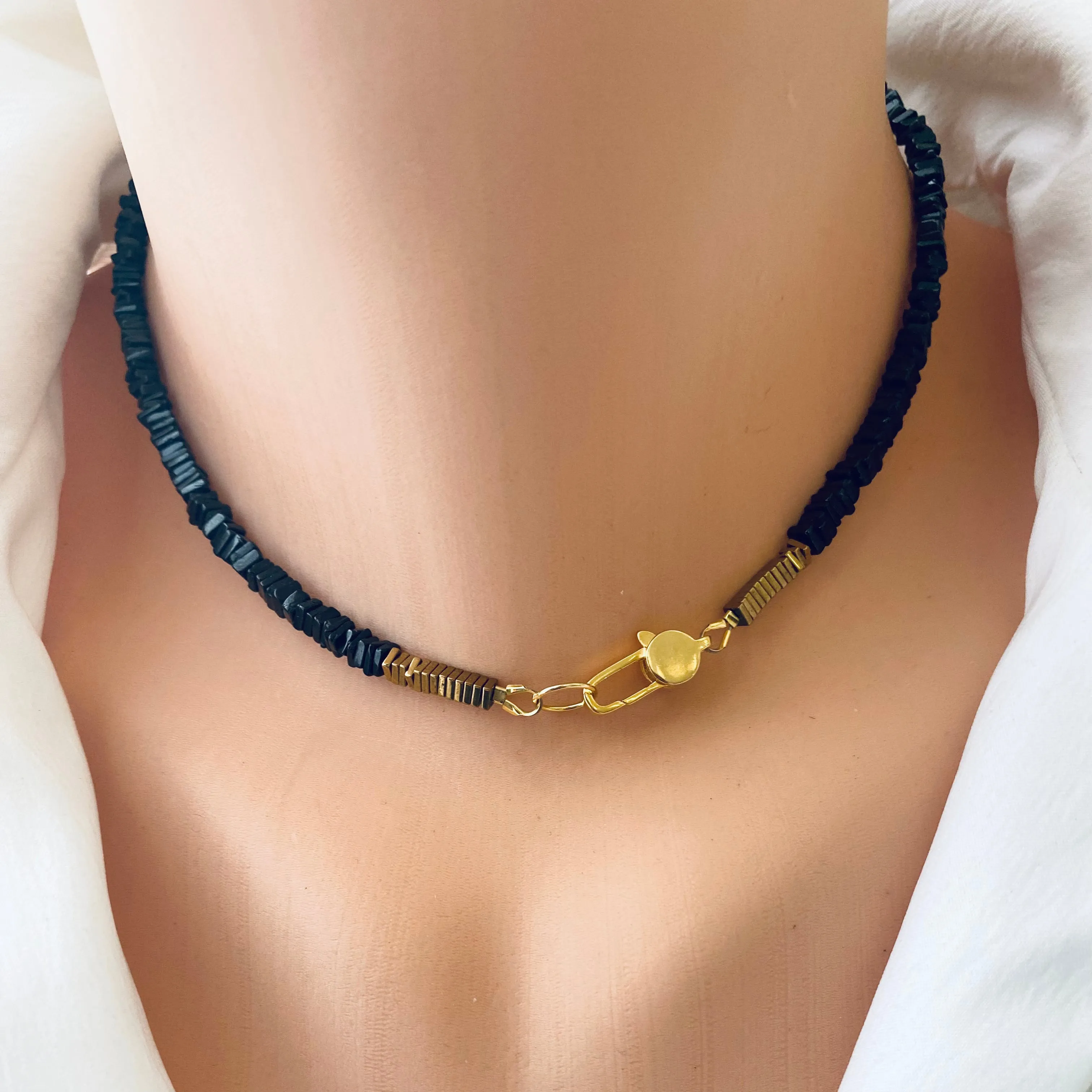 Black Spinel Beads Choker Necklace with Gold Vermeil Details and Clasp, 15inches