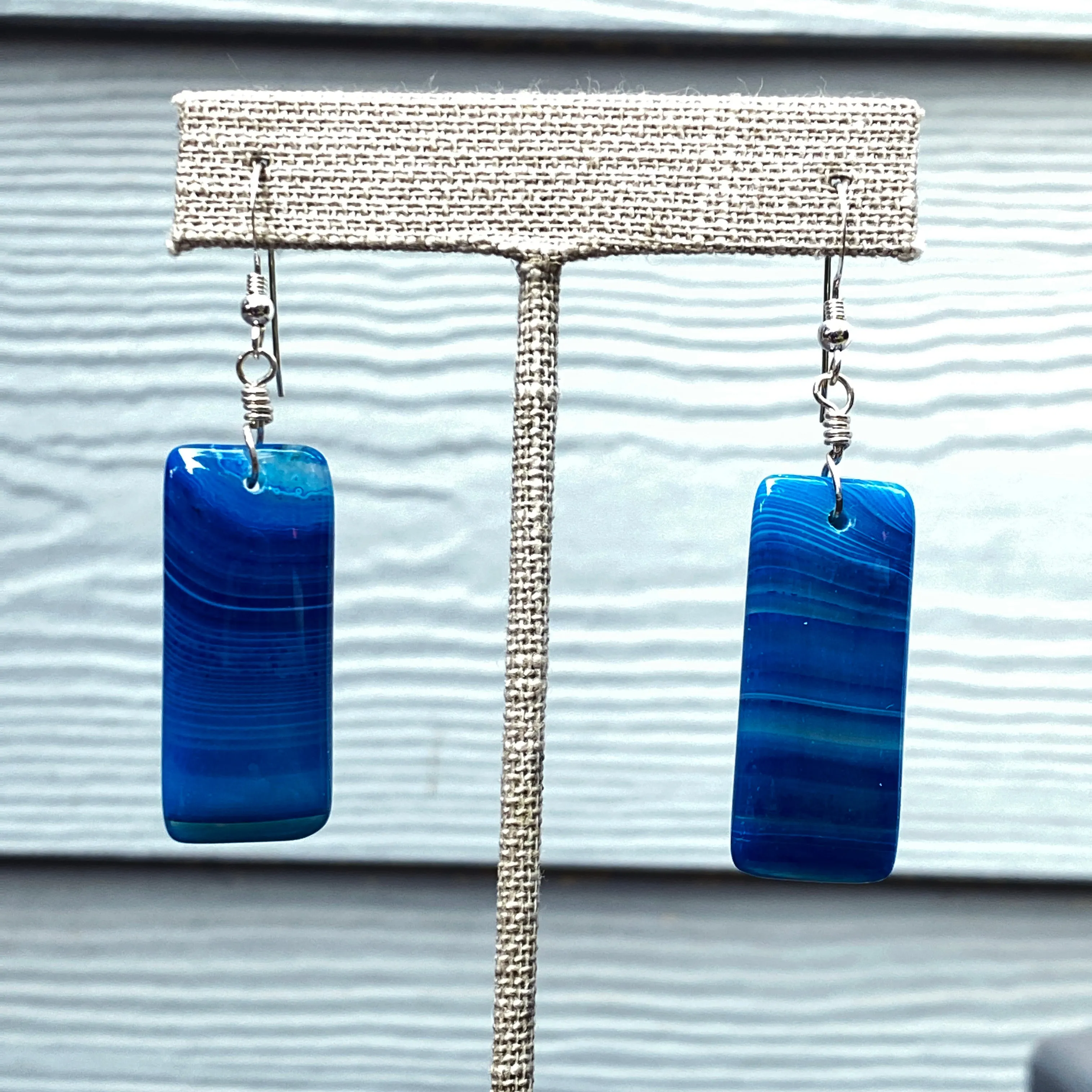 Blue Agate Drop Earrings Wrapped with Sterling Silver