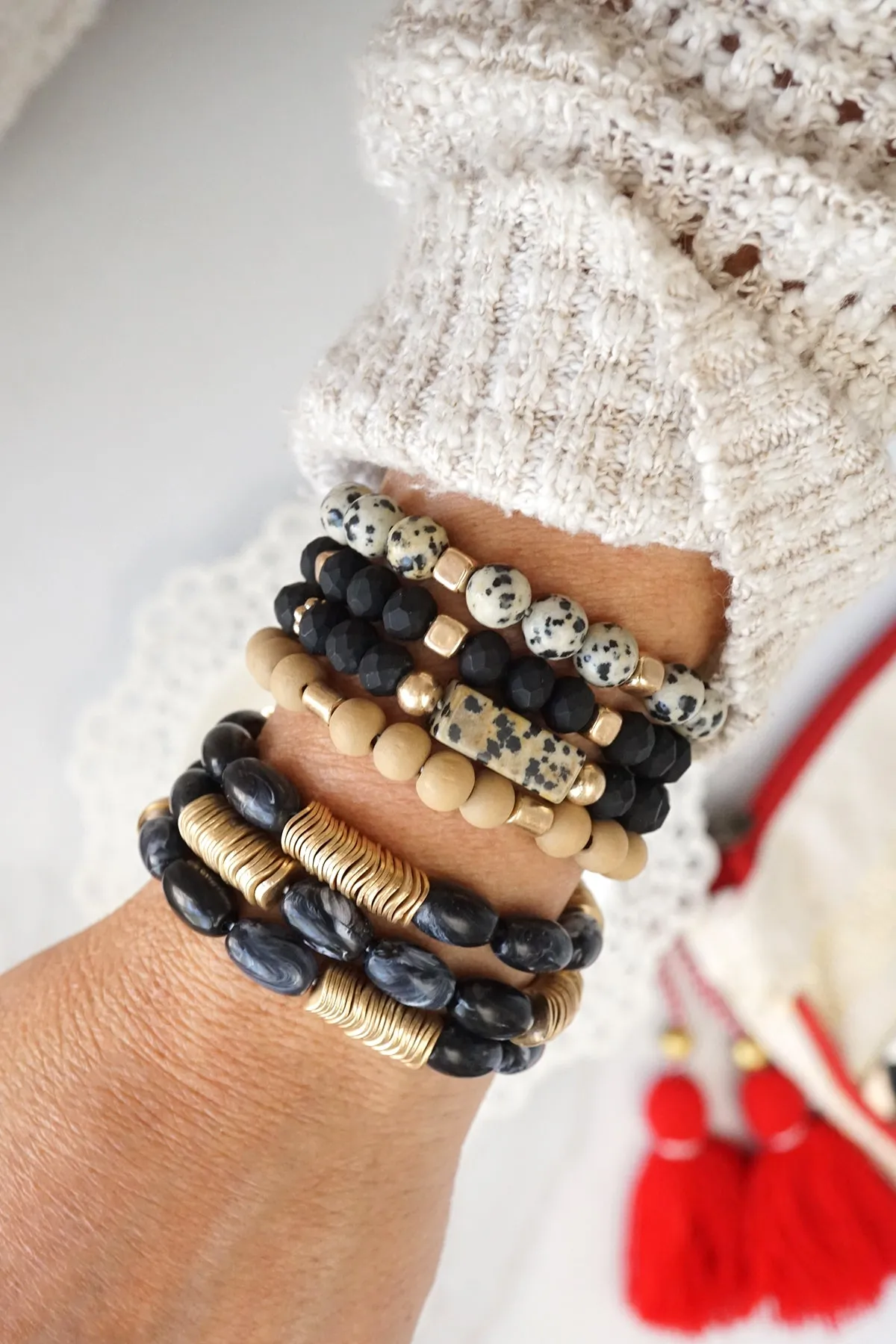 Boho Beads 4 Bracelets stack Dalmatian Jasper stones Black gold tone