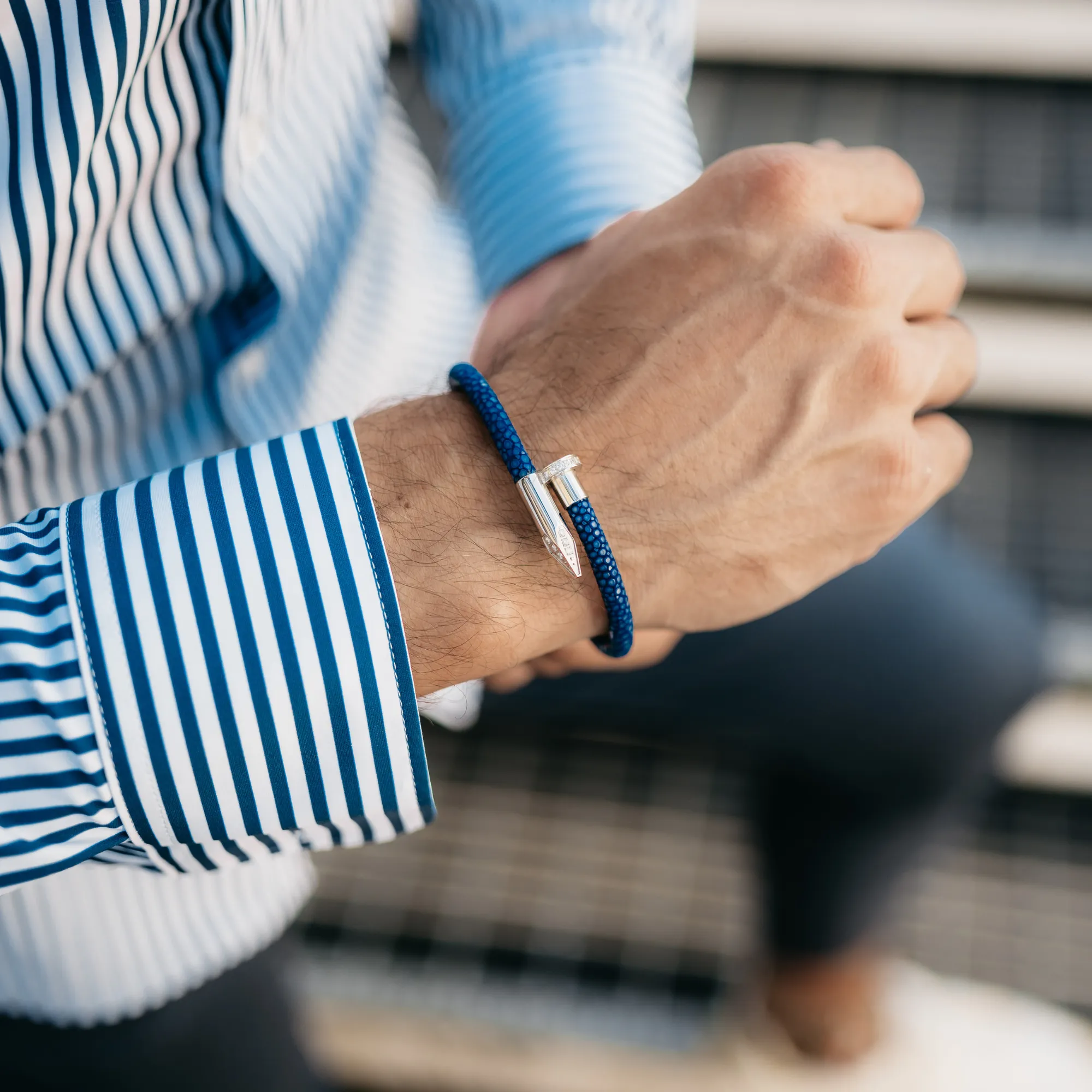 Bracelet - Blue Leather with Silver Nail and Zircon Diamond