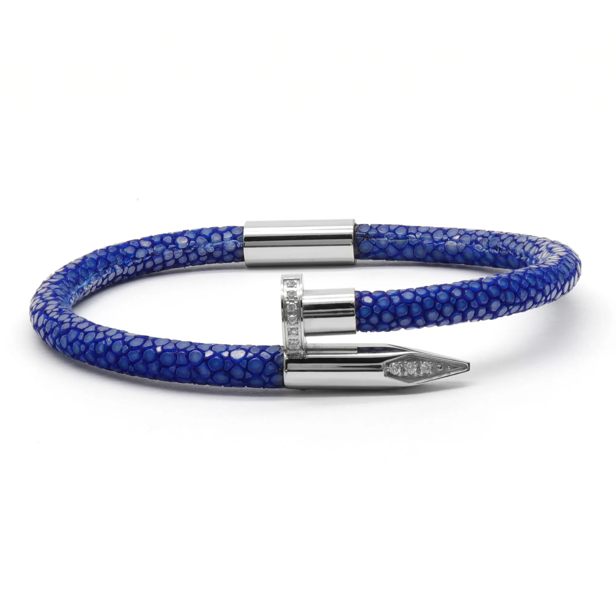 Bracelet - Blue Leather with Silver Nail and Zircon Diamond