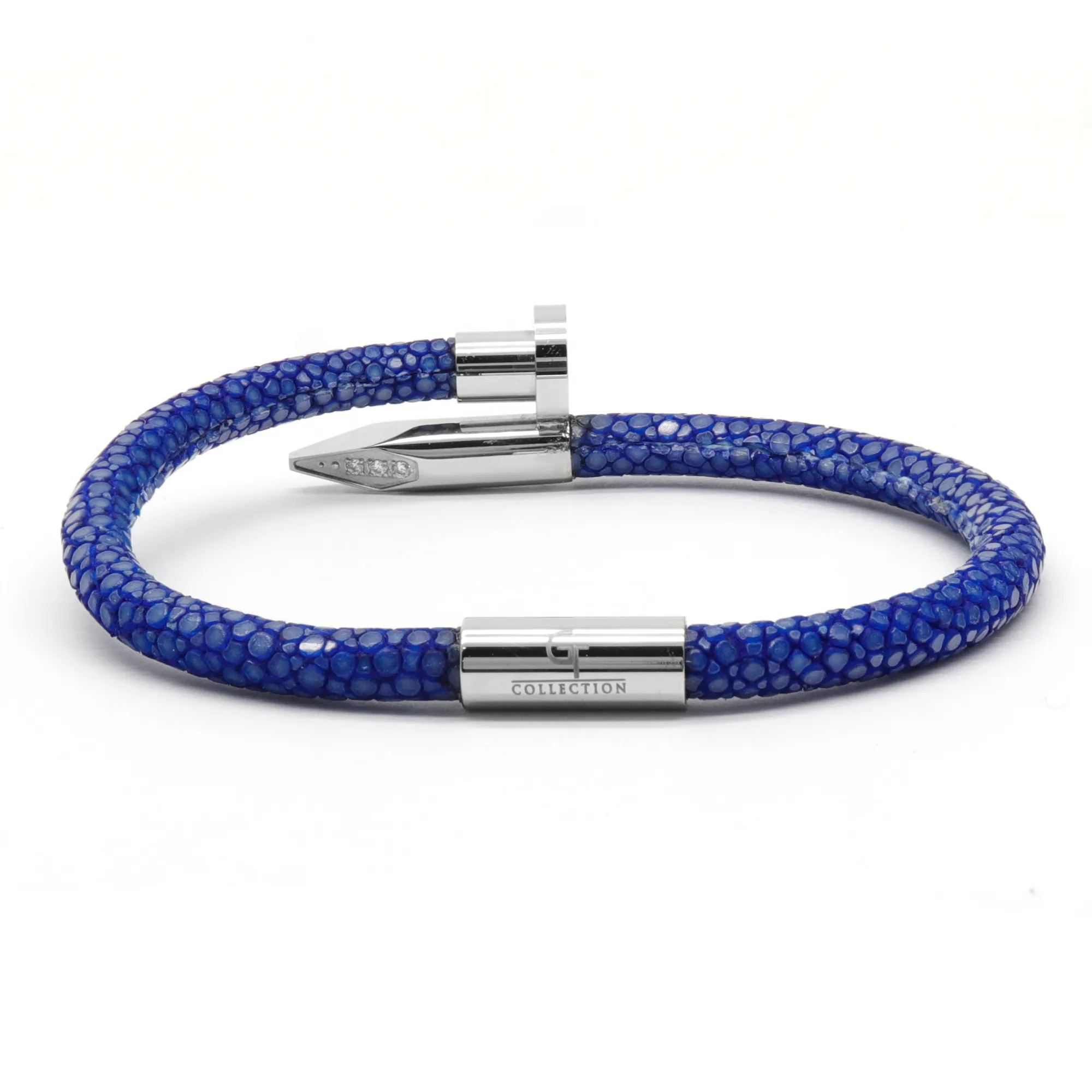 Bracelet - Blue Leather with Silver Nail and Zircon Diamond