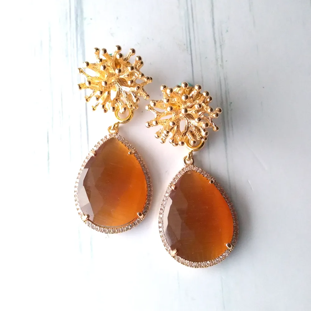 Branch Coral Studs with Haloed Amber Quartz Detachable Dangles