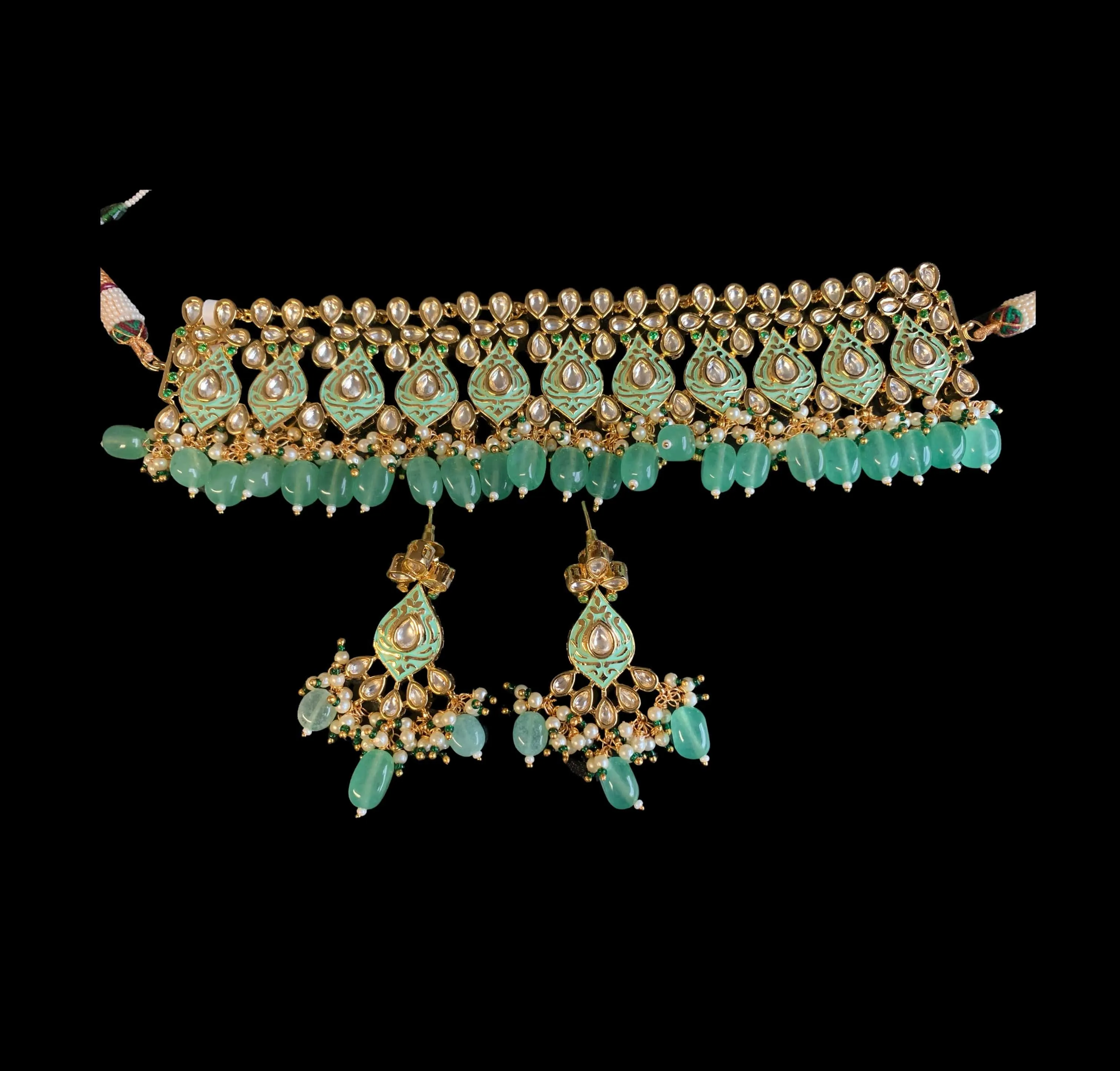 C221 Shagun choker earrings in green ( kundan  with meenakari)  (READY TO SHIP )