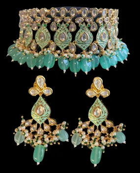 C221 Shagun choker earrings in green ( kundan  with meenakari)  (READY TO SHIP )