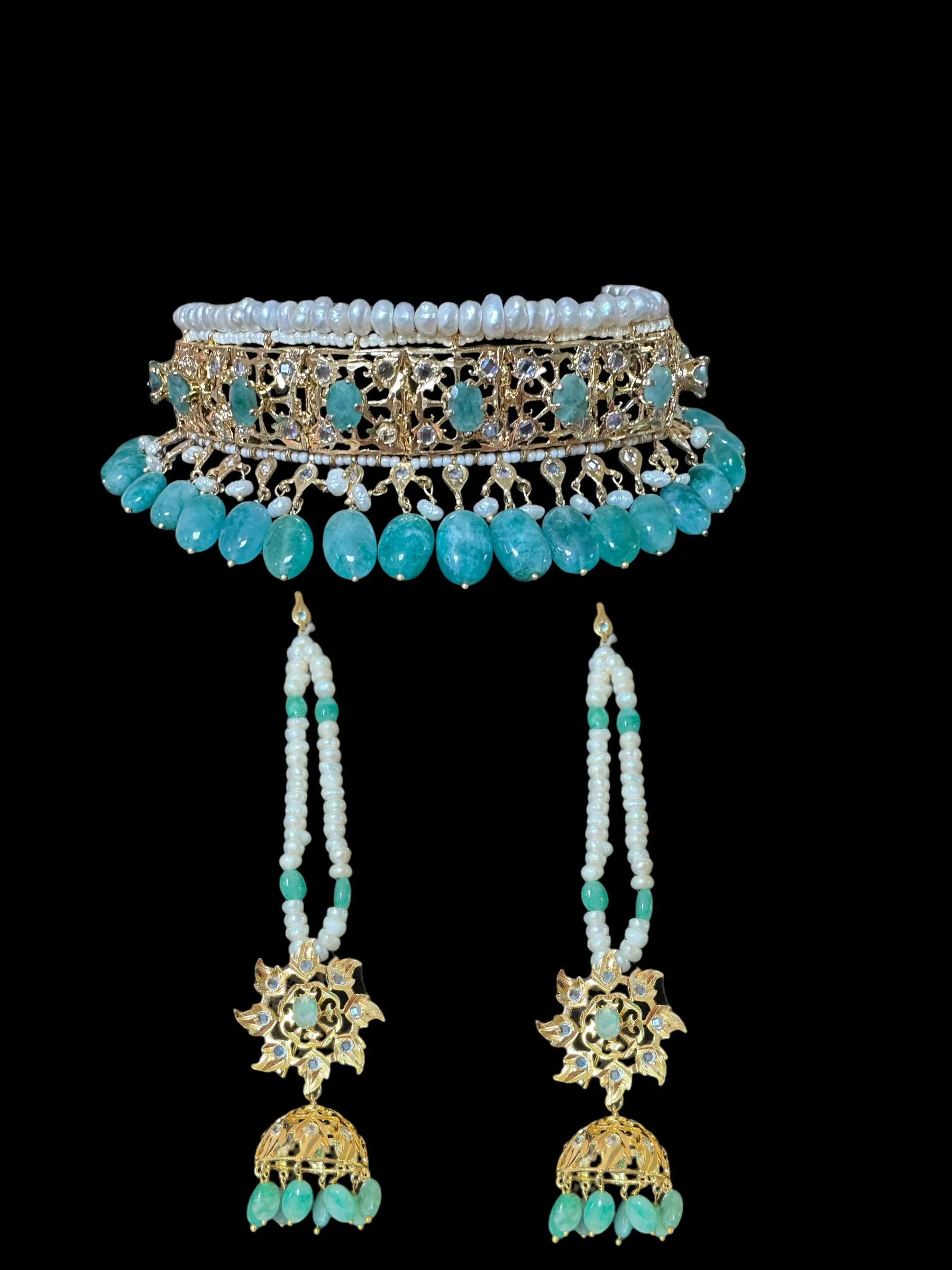 C266 Hyderabadi jadavi lacha in fresh water  pearls and emerald beads (SHIPS IN 3 WEEKS  )