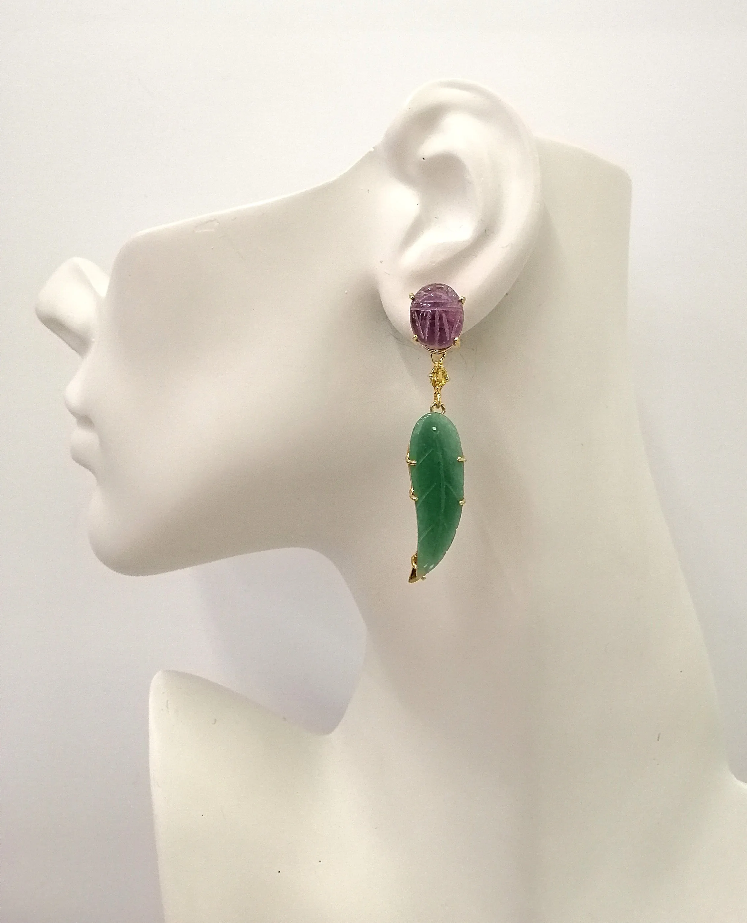 Carved beetle Amethyst Studs with carved leaf Aventurine dangles Twinset Earrings