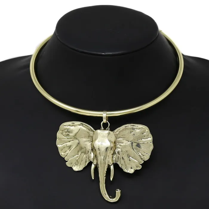 Chunky Elephant Pendant Short Collar Necklace