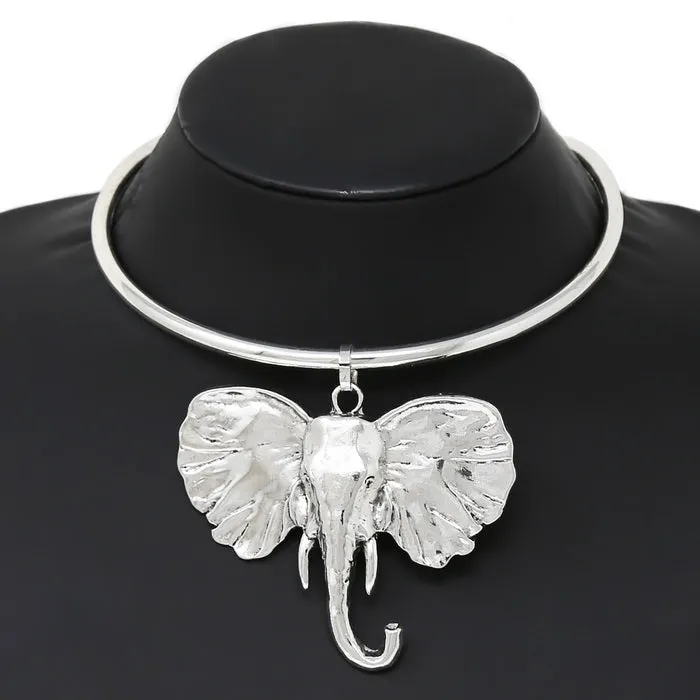 Chunky Elephant Pendant Short Collar Necklace