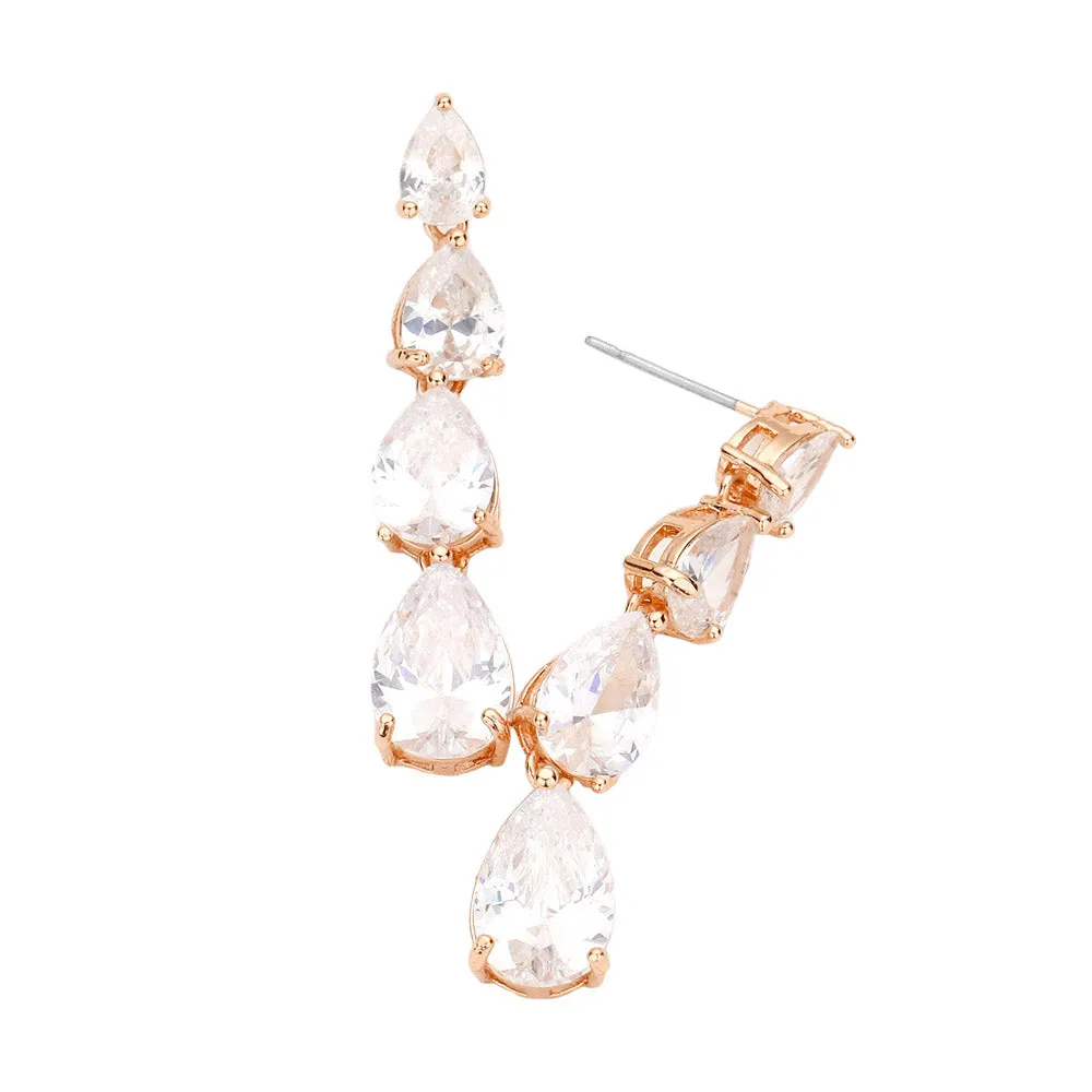 CZ Teardrop Link Dangle Evening Earrings