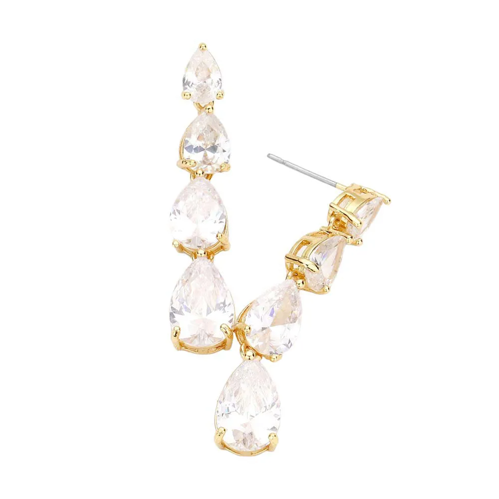 CZ Teardrop Link Dangle Evening Earrings